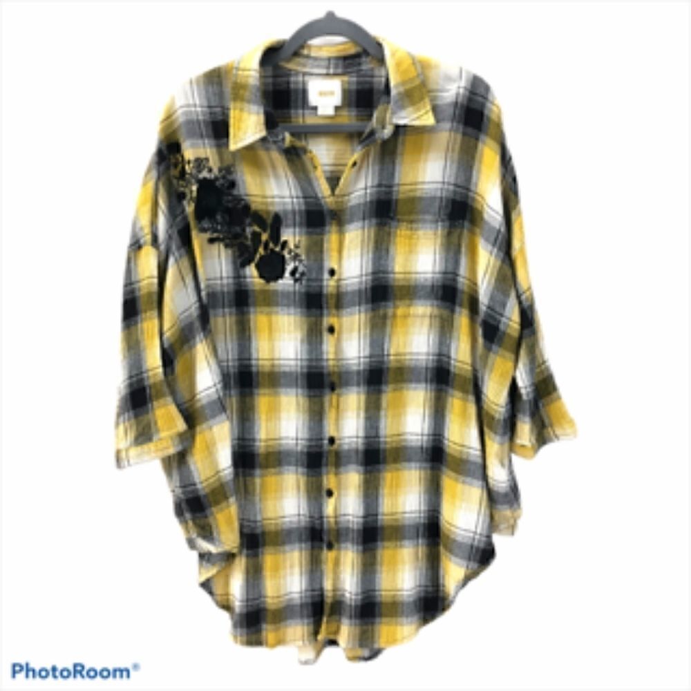 Maeve Oversize Plaid Button Up with Embellishment. Size M/L.